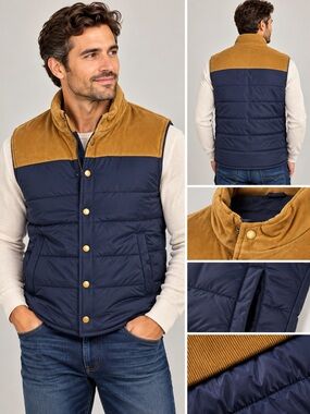J. Crew Navy Quilted Vest with Tan Yoke